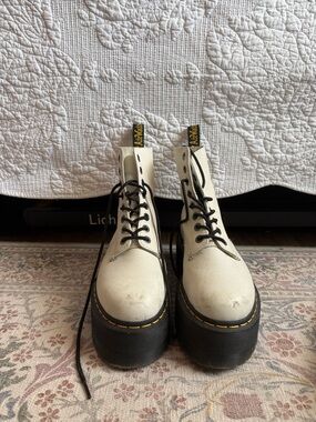 White Dr. Martens Platform Combat Boots in Creamwith Black Soles
